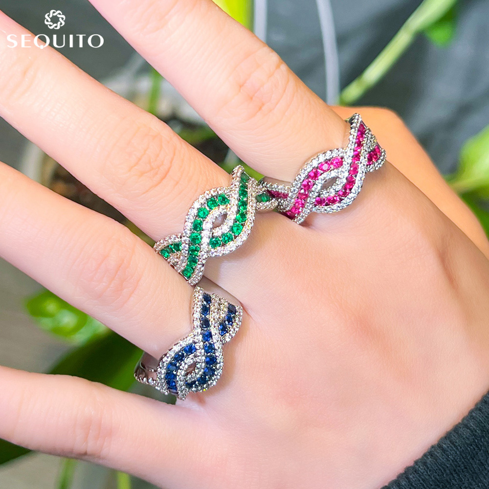 SEQUITO Elegant Goddess Finger Jewelry White Gold Color Full Micro Pave Red Green Blue White Crystal Stone X Shape Open Adjustable Ring for Holiday Gift SR113 ราคา 291 บาท*ส่งฟรี