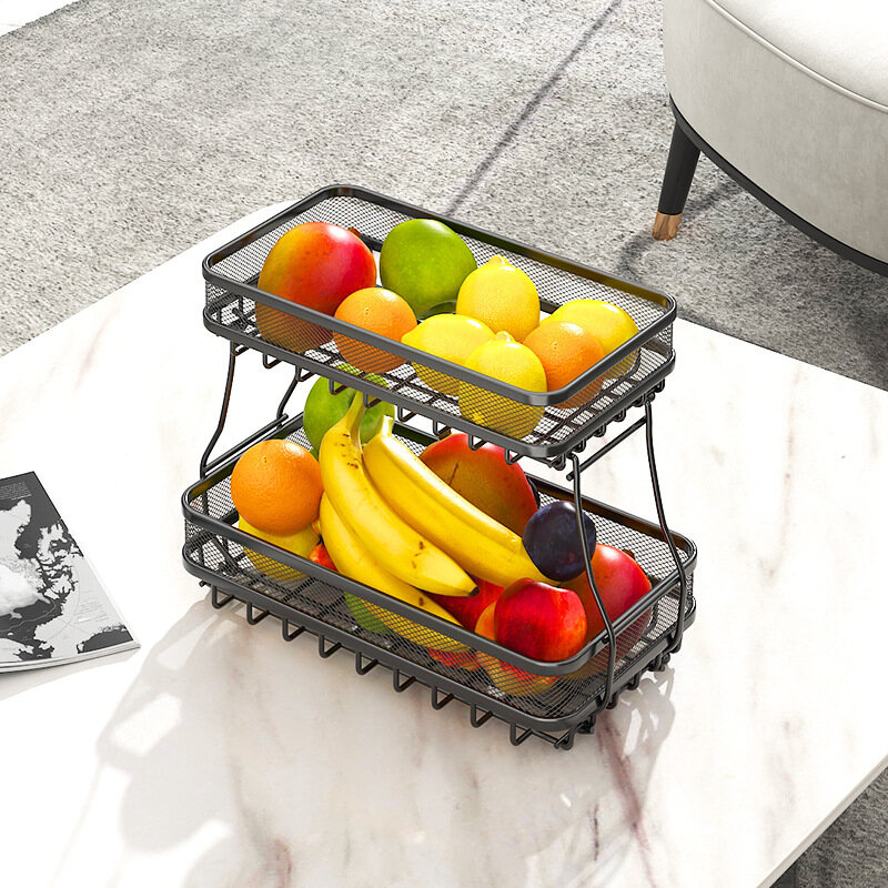 Gambar High Quality Carbon Steel 2 Tier Fruit Basket Detachable Storage Basket for Table Display Fruits Stand Organizer Tray
