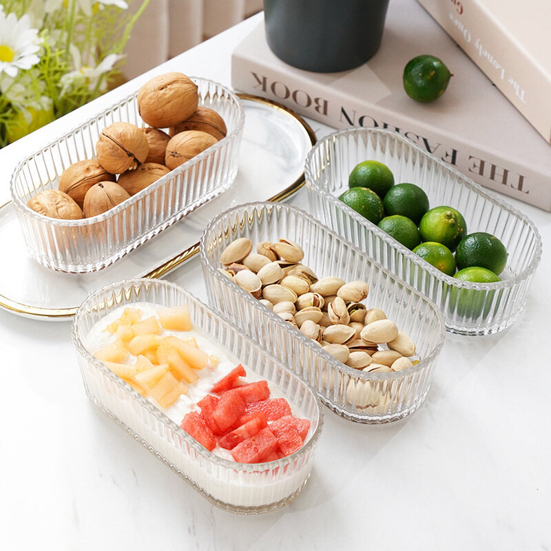 Gambar Small Fresh and Simple Ins Wind Striped Transparent Glass Fruit Plate Snack Plate Multi functional Storage Utensil U shaped Bowl