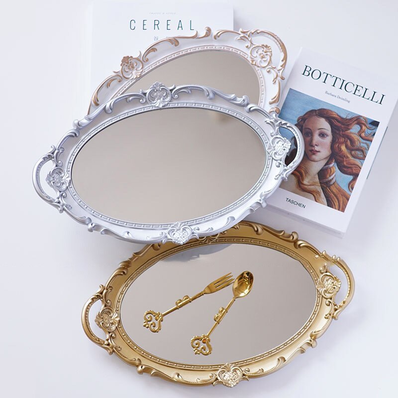 Gambar Vintage Carved Golden Jewelry Storage Tray Glass Mirror Base Vegetable Storage Holder Snack Tray Desktop Cosmetic Organize Plate