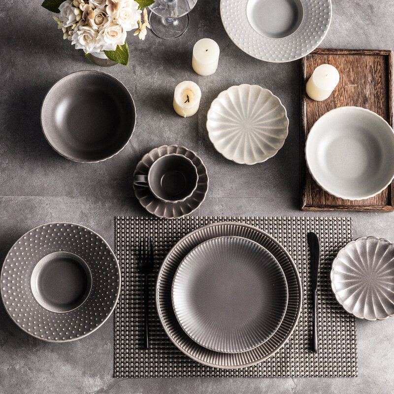 Gambar Nordic Style Retro Household Bowls and Dishes Tableware Western Steak Plate Embossed Dinner Plate Noodles Bowl Straw Hat Bowl Coffee Cup Saucer