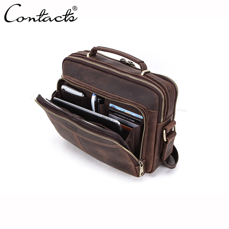 CONTACT'S Crazy Horse Leather Men Messenger Bag Vintage Man Crossbody Bag Handbags Large Capacity Male Shoulder Bags Bolsos ราคา 1,453 บาท*ส่งฟรี