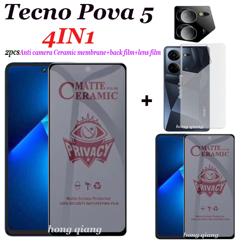(4in1) TECNO pova phim gốm 5 chống nhìn trộm TECNO pova 3 pova 4 pova 4 Pro pova 2 2 phim miếng bảo vệ màn hình kính cường lực toàn màn hình + miếng phim dán sau sợi carbon