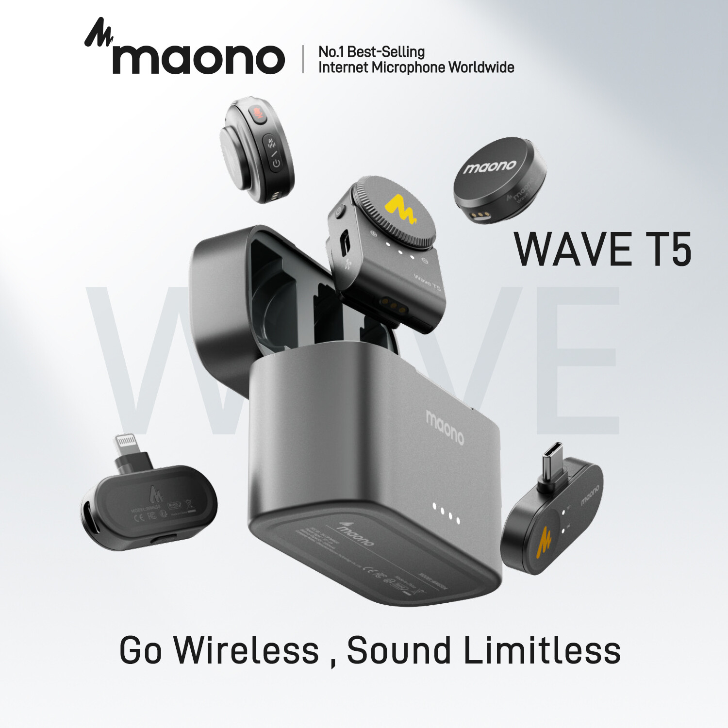 Maono T5 Wireless Lavalier Microphone Noise Cancelling Microphone with Maono Link App for Smart Phone,Vlogging,Live Streaming