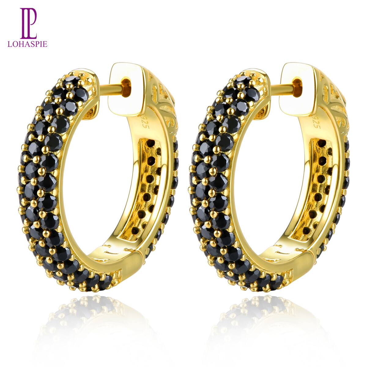 Lohaspie Đồ Trang Sức Tinh Khiết 5 Carats 925 Sterling vành bạc Bông Tai màu đen tự nhiên Spinel Hoop Bông Tai Màu Đen Spinel Đá Bông tai Ban Đầu Cho Phụ Nữ Sterling Silver 925 Đồ Trang Sức