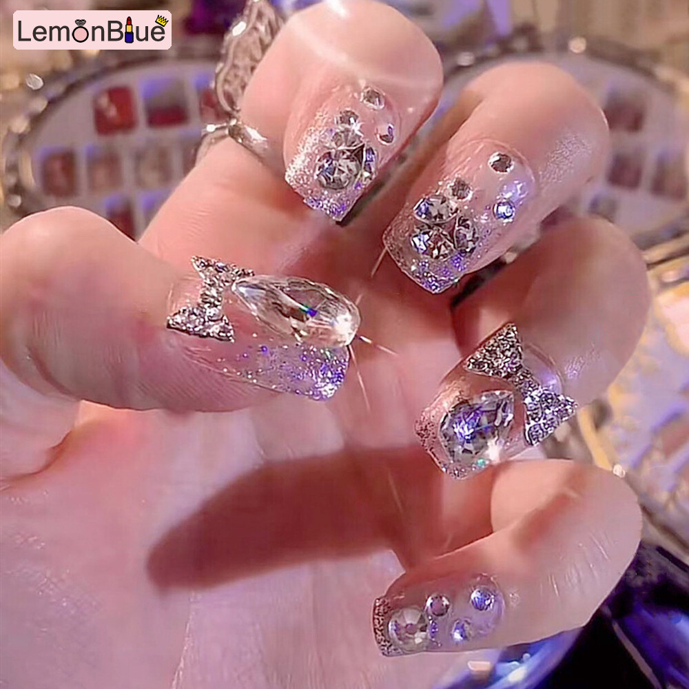 Gambar LemonBlue 24Pcs Glossy False Nails Glitter Diamond French Fake Nails for Women and Girls Easy Tear Not Fall Nail Art French Style Full Cover Nail Sticker Salon Finger Toes DIY Manicure Fake Nail Patch Press on Nails Artificial Nails Fake Nail Pieces