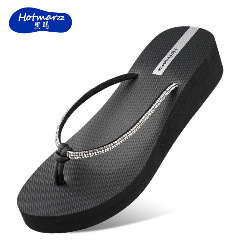 Hotmarzz rhinestone flip flops women's slope heel high-heeled beach slippers Bohemian clip on slippers thick HM7168 ราคา 560 บาท*ส่งฟรี