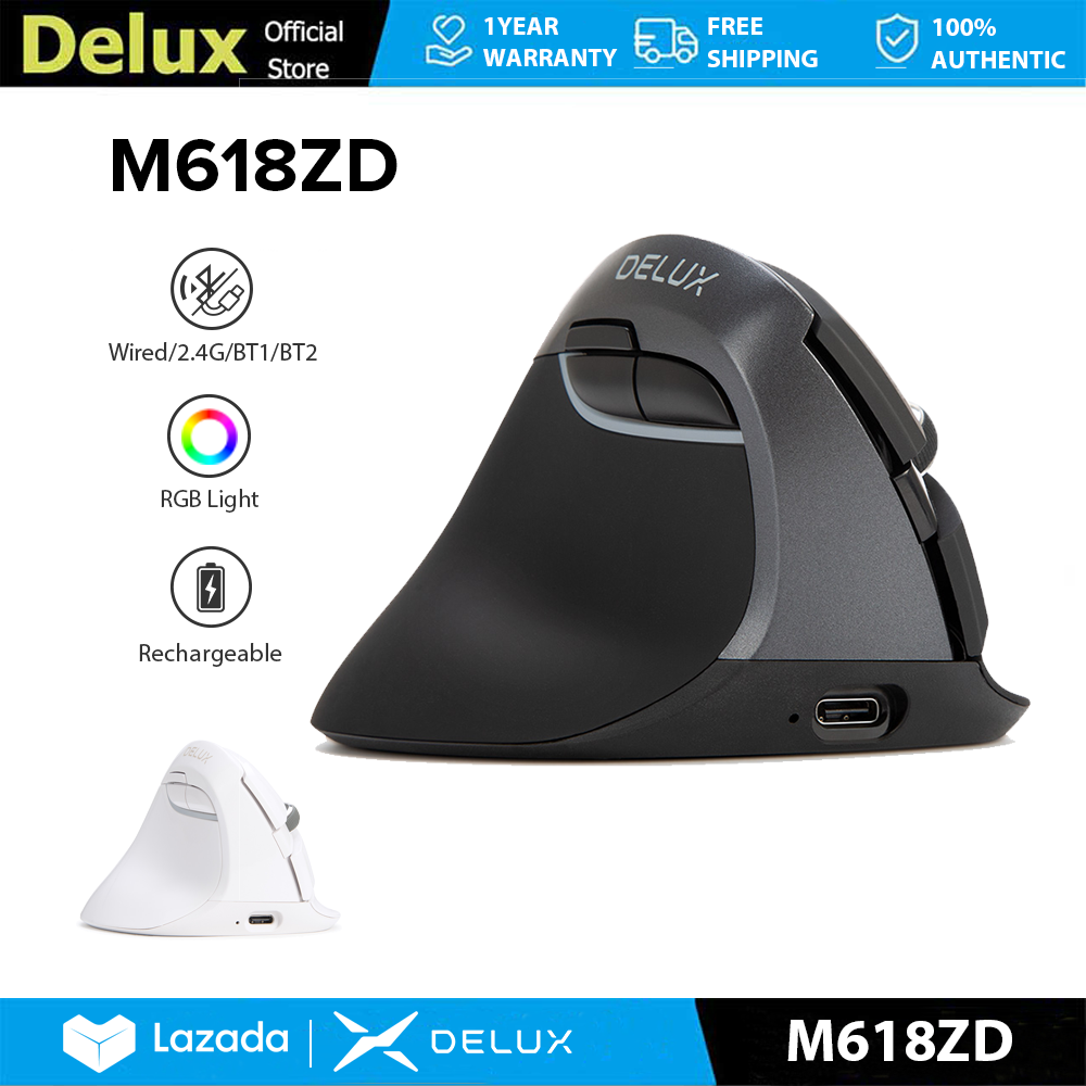 Delux M618ZD Tay Trái Có Dây & Chuột đứng không dây Ergonomic Có Thể Sạc Lại Max 4000 Dpi 2.4G Bluetooth 6 Nút Với đèn RGB Im Lặng Bấm Vào S Kích Thước Cho tay nhỏ Quang Học Cho PC/Máy Tính Xách Tay/Windows/Mac