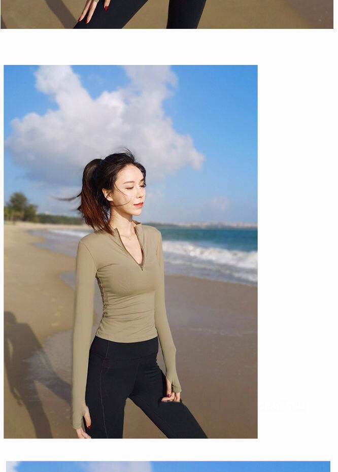 SUPERFLOWER Frauen Sport Shirts Einfarbig Reißverschluss Hohe Elastische Gym Yoga Top Atmungsaktive Langarm Sexy T-Shirts_voghion.com