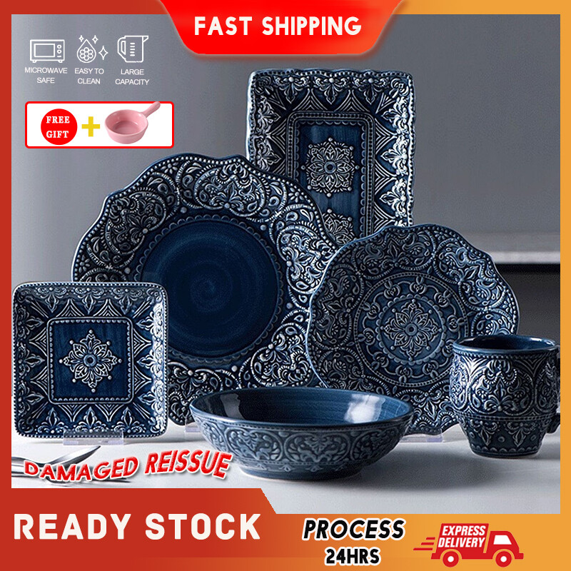 Gambar aroque Retro Ceramic Plates Vintage Relief Dessert Plate Bowls Bohemia Blue Dinner Dishes Mug