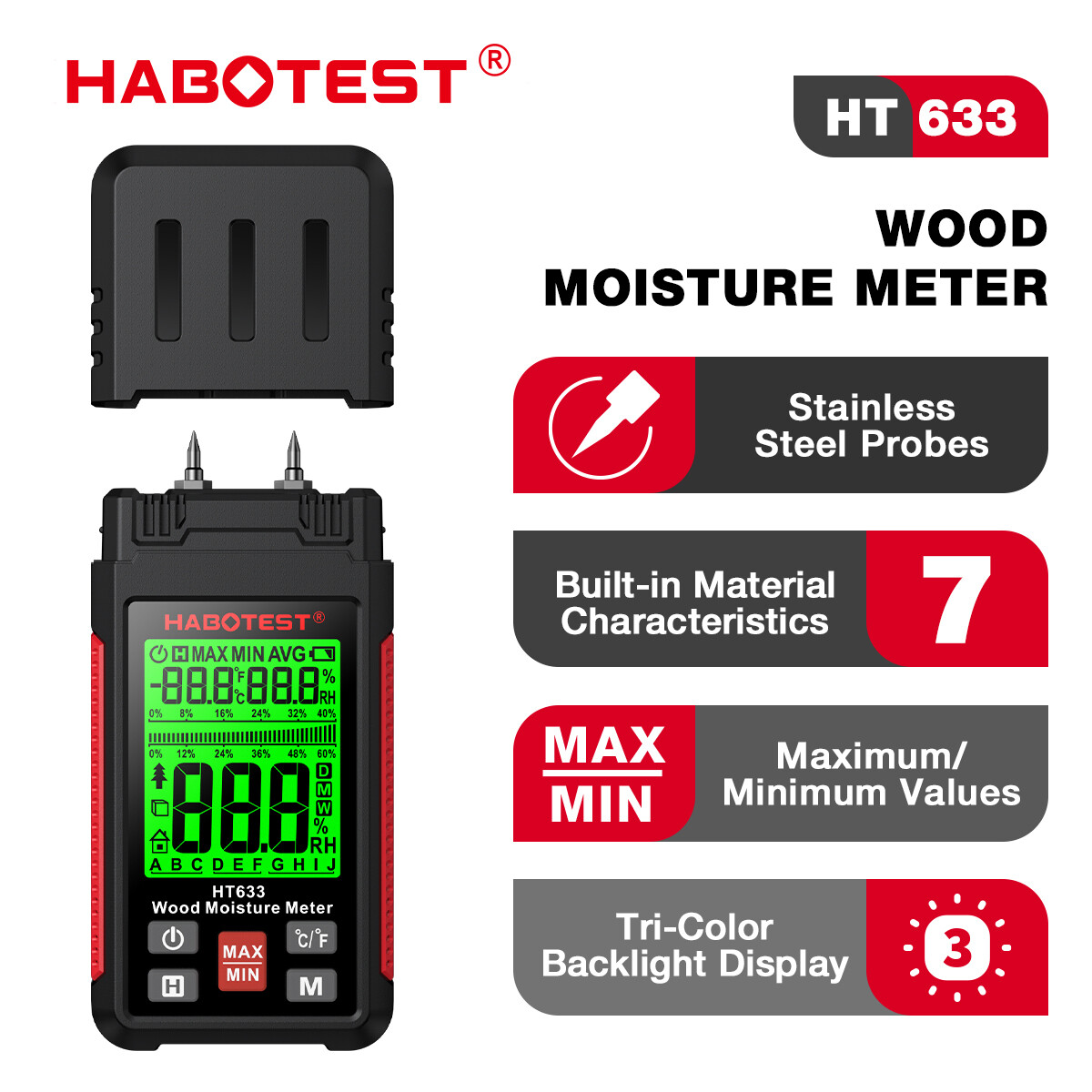 HABOTEST HT633 Wood Moisture Meter Pin Type Digital Moisture Detector Ambient Temperature Humidity with LCD Backlight Display