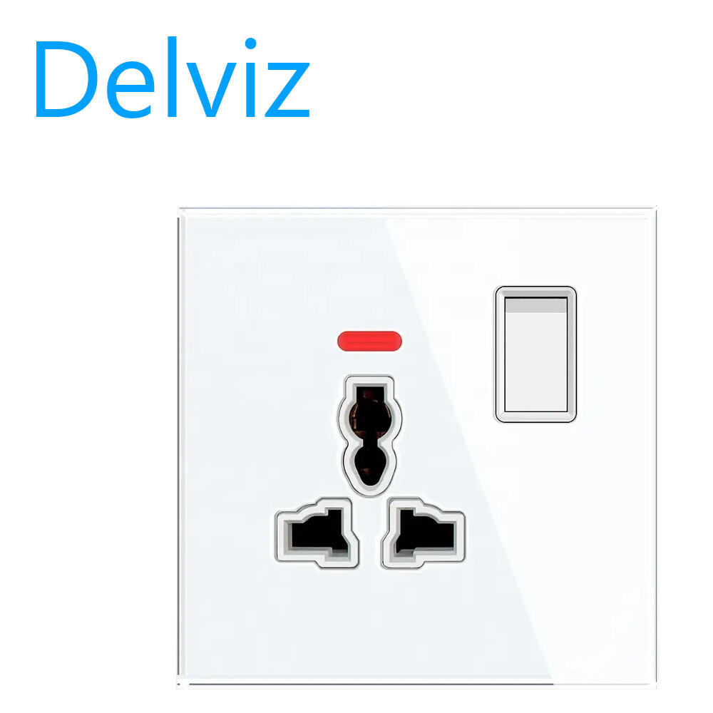 Delviz with switch control, ac 110v~250v,led indicator,crystal glass panel 16a power outlet, electric plug eu wall socket