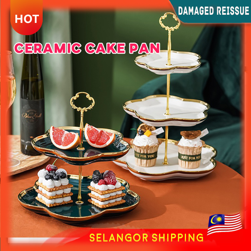 Gambar Nordic Fruit Plate Gilt edged Ceramic Three Tier Cake Plate Household Living Room Light Luxury Double layer Afternoon Tea Tableware Snack Plate