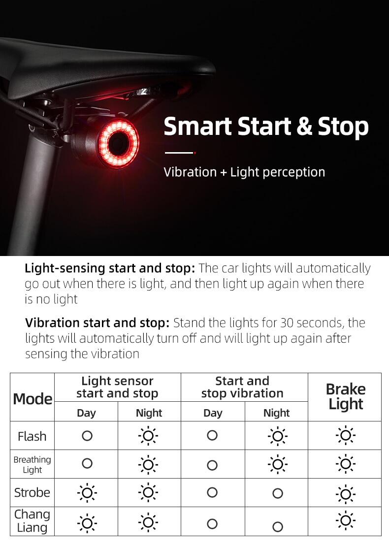 ROCKBROS Xe đạp Thông minh Phanh tự động Cảm biến ánh sáng Đèn LED chống
