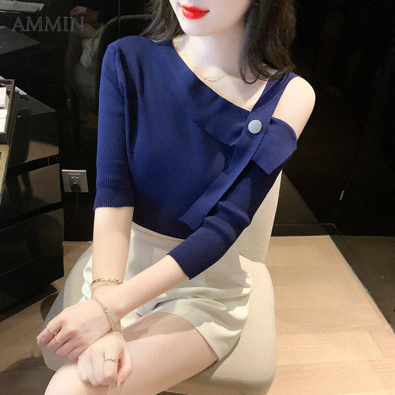 Ammin áo len dệt kim vải viscose tay ngắn trễ vai cho nữ mùa hè phong cách hàn quốc áo tay ngắn thiết kế mới cho mùa hè mỏng mỏng mùa hè 2022
