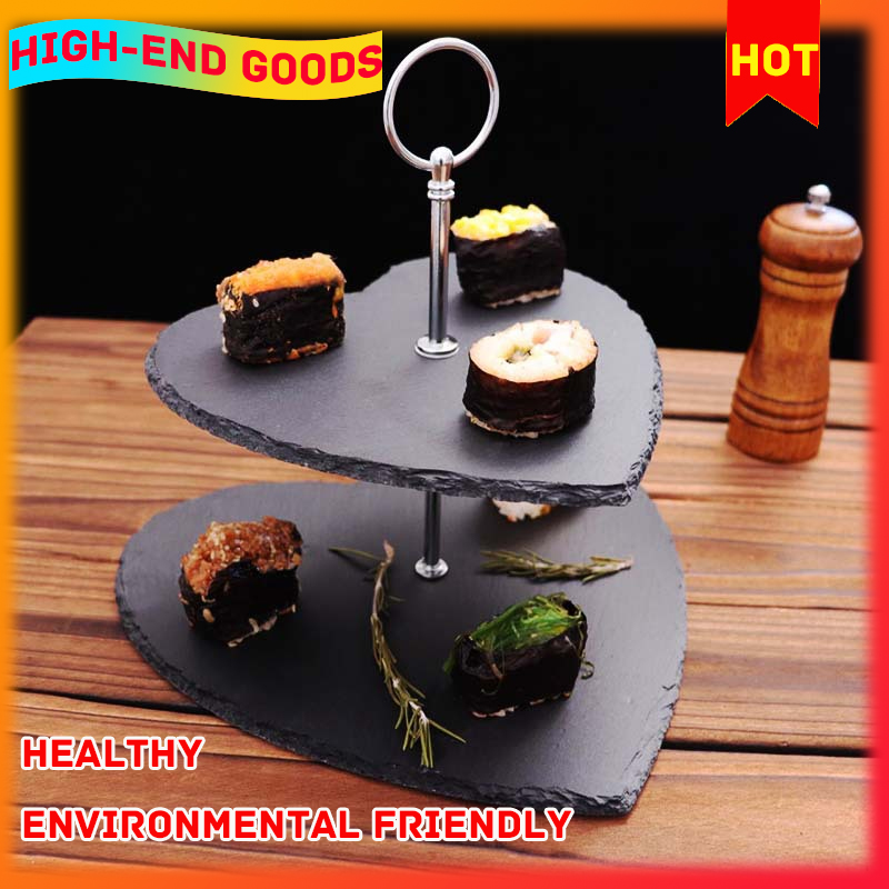 Gambar Japanese And Korean Light Luxury Double Layer Black Slate Cake Stand Afternoon Tea Cake Plate Western Dessert Plate Fruit Plate