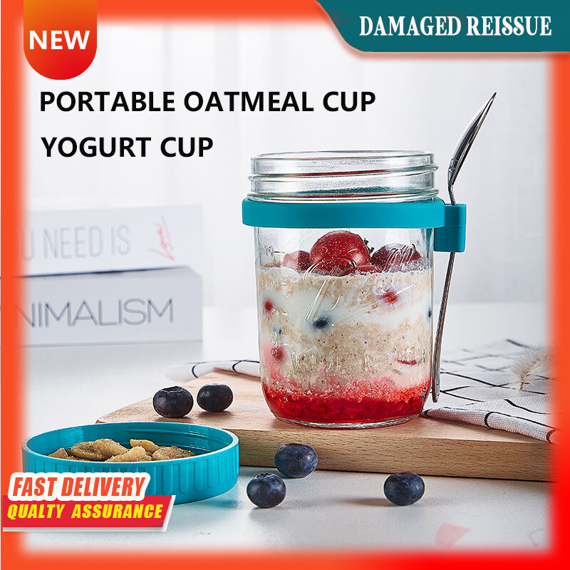 Gambar Overnight Oatmeal Cup Sealed Mason Cup Salad Cup Glass with Lid Scoop Light Breakfast Cup Yogurt Cup