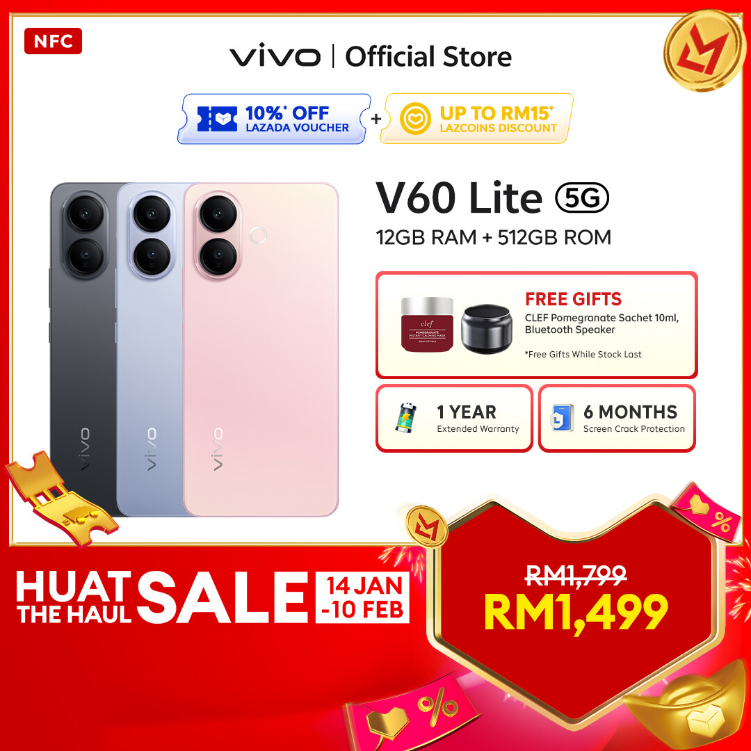 【Ready Stock - NEW Launching】vivo V60 Lite 5G | 24*(12+12)GB RAM + 512GB ROM | MTK 7360-Turbo | 6.77" 120Hz AMOLED | 6500mAh BlueVolt + 90w Flash Charge | 50MP Camera IMX882 + AI Aura Light | AI Erase 3.0 | AI Four-Season Portrait Harga 1,520 Ringgit*Penghantaran Percuma