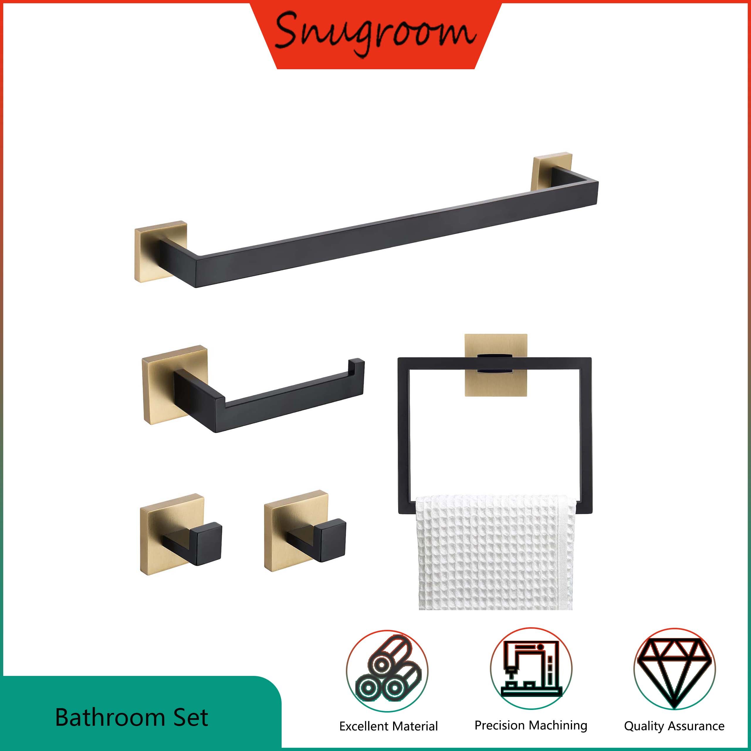 Snugroom Stainless Steel Wall Mounted Towel Bar Towel Ring Hooks Toilet Paper Holder Black Gold Square 5 Piece Bathroom Accessories ราคา 1,040 บาท*ส่งฟรี