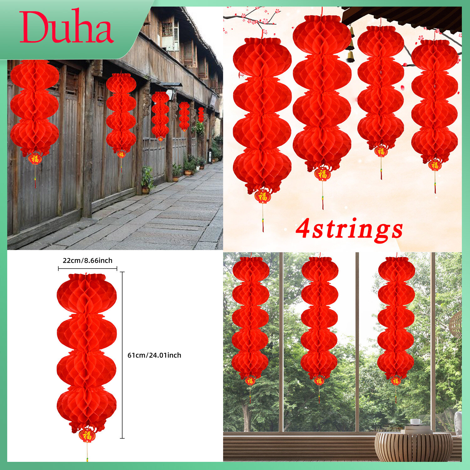 4 Strings 20 PCS Chinese Style Red Lantern String Paper Lanterns