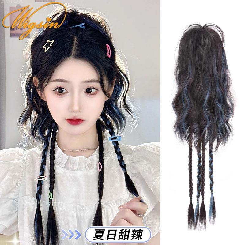 Tóc Giả tóc đuôi ngựa cao Dài nhuộm tóc Highlight Màu Xanh Đấm Bốc Bện Xoắn kẹp tóc răng cưa Trong Mái Tóc Tóc Giả Cho Phụ Nữ