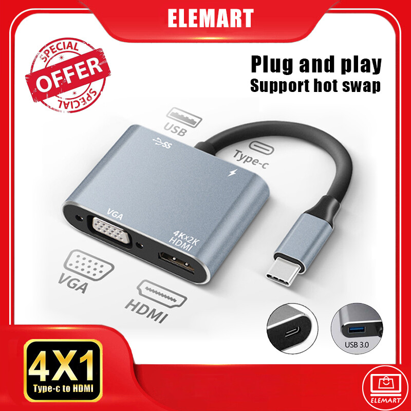 Elemart usb c 4 trong 1 để 4k bộ chuyển đổi vga sang hdmi, type-c usb3.0 sạc pd 1080p bộ chuyển đổi vga