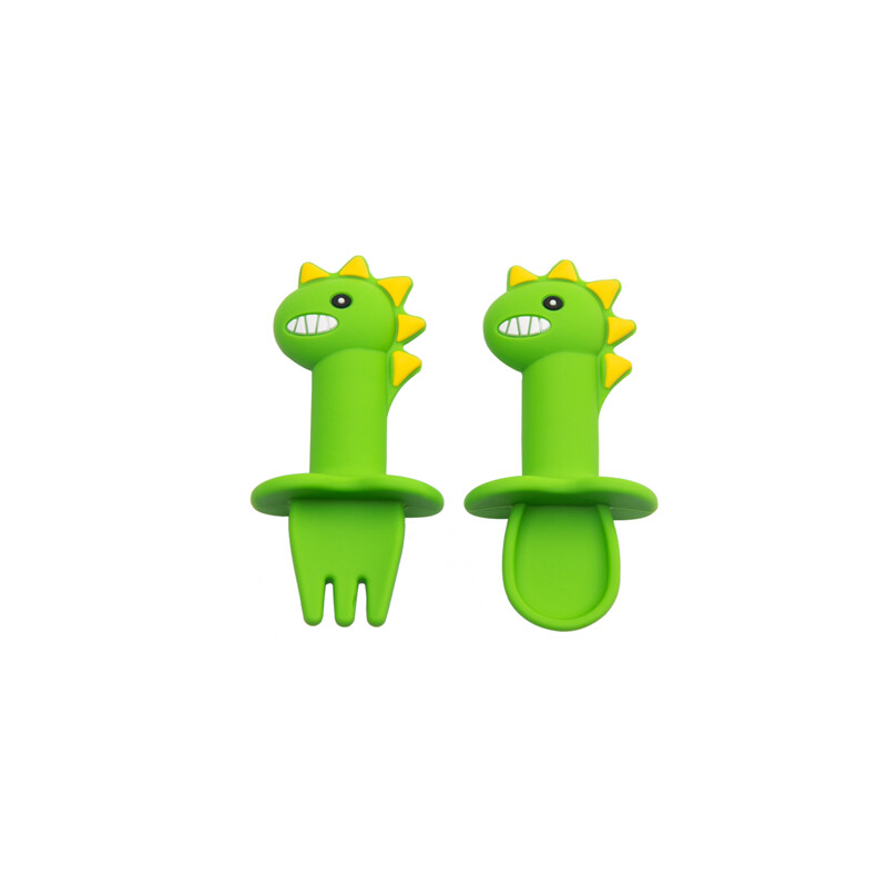 Muỗng Silicone & Ngã Ba 2 cái/Thiết lập thiết kế hoạt hình dễ thương chống Choke bé tự ăn yếu tố cần thiết
