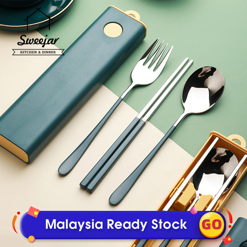 Gambar SWEEJAR 304 Stainless Steel Portable Cutlery Set with Storage Box Fork Spoon Chopsticks Tableware Set
