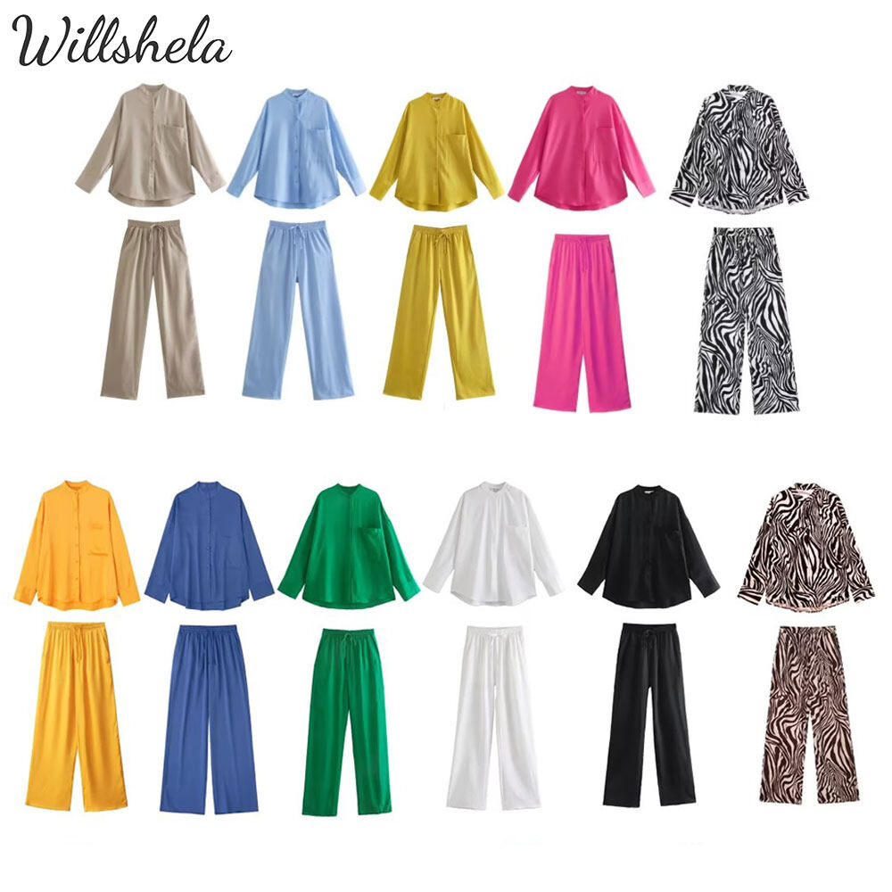 Willshela Women Fashion Solid Satin Textured Two Pieces Sets Single Breasted Shirt Elastic Waist Trousers Female Chic Lady Outfit Blouse And Pants Suits