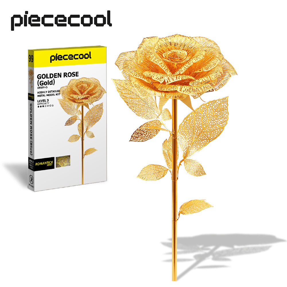 Piececool 3D Metal Puzzles Rose Flower Model Kits Artificial Flowers Metal Building Blocks DIY 3D Puzzle Birthday Valentines Day Gift for Girl 15Pcs Gold