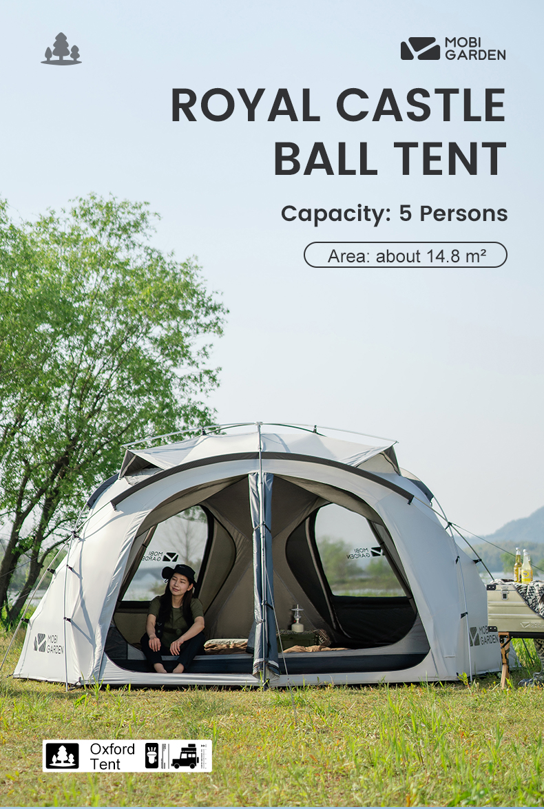 MOBI GARDEN Buitencamping Familietent Royal Castle voor glamping, zonnebrandcrème voor grote ruimtes
