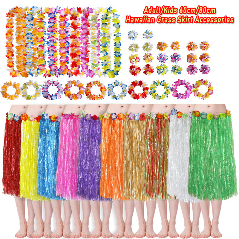 Women Kids Hawaiian Tropical Hula Luau Grass Dance Costumes Wreath Bra Head Neck Wrist Garland Thickened Grass 60/80cm Skirt Half Skirt Seagrass Dance Wedding Festival Performance Props