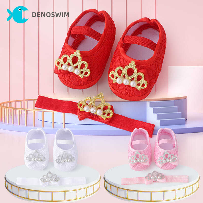 DENOSWIM 0-18M Cute Pearl Crown Baby Flat Shoes+ Headband Set Infant