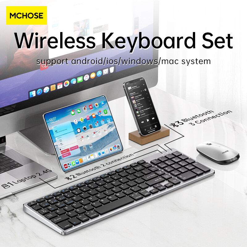MC KM711 2.4G Wireless Bluetooth Keyboard Mouse Set Slim Keyboard Silent Mute Rechargeable Mouse Suit for Mac Desktop PC IPad Phone Laptop Tablet Gaming Business Office