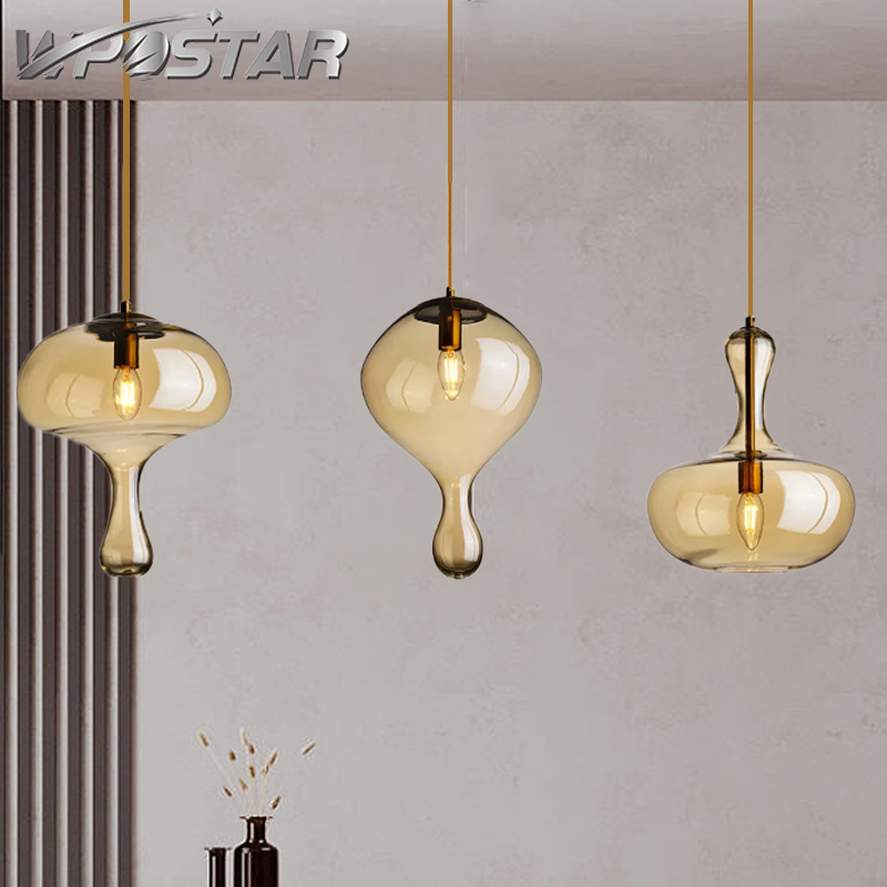 Modern Vintage Glass Pendant Lamp Bedside Hanging lamps Simple Restaurant lighting Electroplated Gold Amber Glass Droplight for Kitchen Bedroom Decor