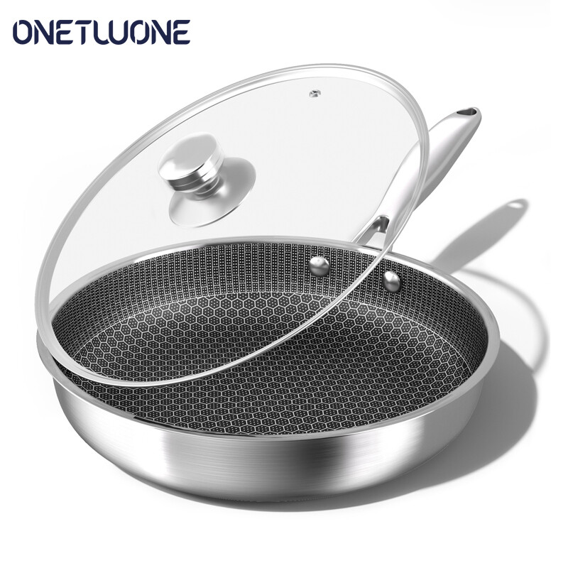 Onetwone 28cm 410 stainless steel pan set flat frying pan with glass lid Honeycomb non stick pan Long handle skillet Steak stir-fry wok general used for gas and induction cooker ราคา 736 บาท*ส่งฟรี