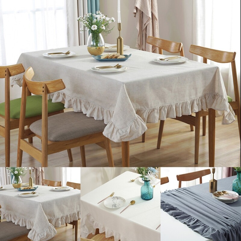 Gambar Nordic Retro Solid Color Tablecloth Washable Cotton Linen Tablecloth Rectangular Waterproof Dirt resistant Tablecloth With Frills Home Decor Tablecloth