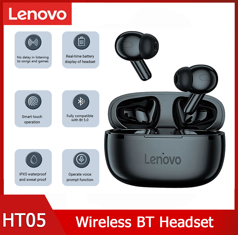 Lenovo tai nghe không dây chân thực ht05 tai nghe thể thao tai nghe âm thanh nổi có mic tai nghe tương thích bluetooth điều khiển cảm ứng