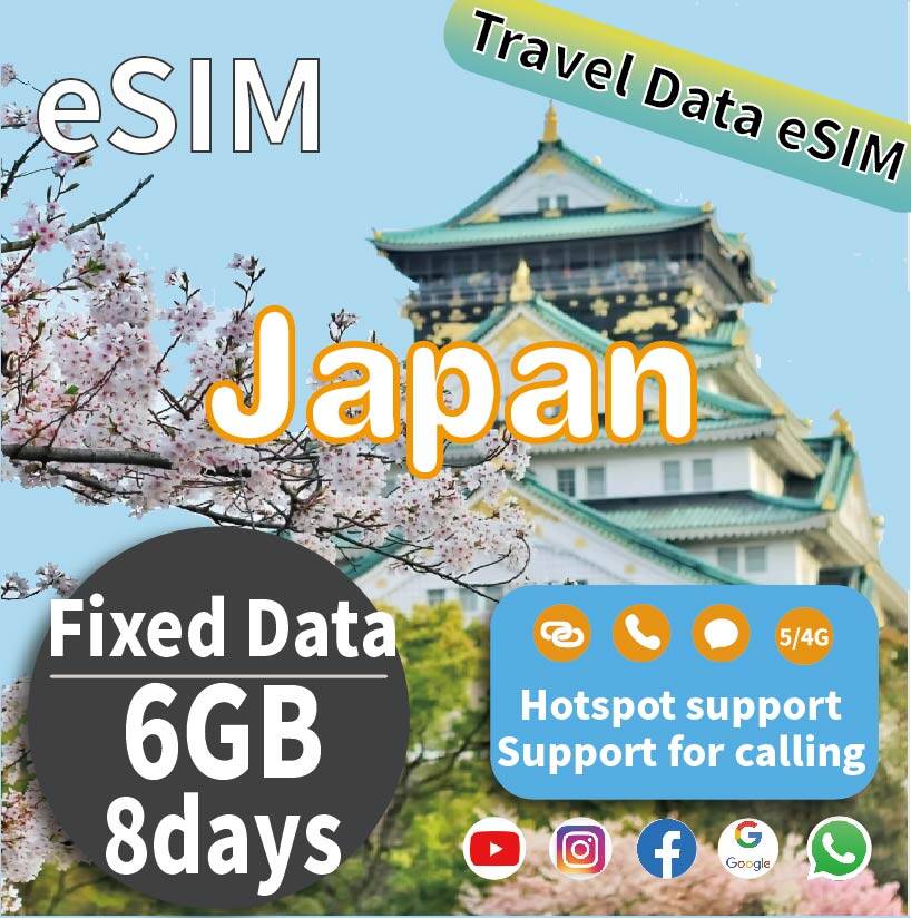 Japan Travel eSIM: Unlimited Data Plans 6GB for 8 Days High-Speed Data for Travel Prepaid 4G/5G LTE (Hotspot+Top-Up,Support call，Supports SMS sending，QR Code Sent to Your Email)) Harga  70 Ringgit*Penghantaran Percuma