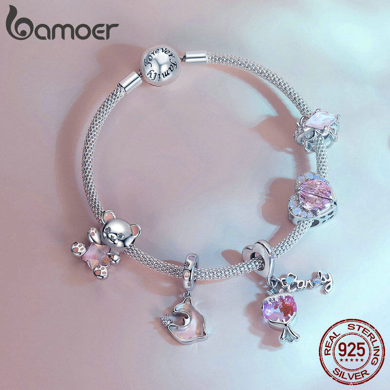 Bamoer 925 Sterling Bạc Ngôi Sao Màu hồng gấu quyến rũ cá heo hạt cho phụ nữ Vòng đeo tay & Bangle tự làm trái tim màu hồng ren trang sức thời trang scc2638