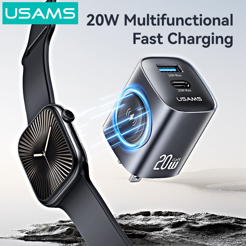 USAMS 20W GaN Wall Charger Multifunctional Fast Charging 2in1 USB A+C Dual Port Charger + iWatch Wireless Charging UK/US/EU Plug Usb Charger Adapter for Samsung iPhone Power Socket Phone Wall Charger