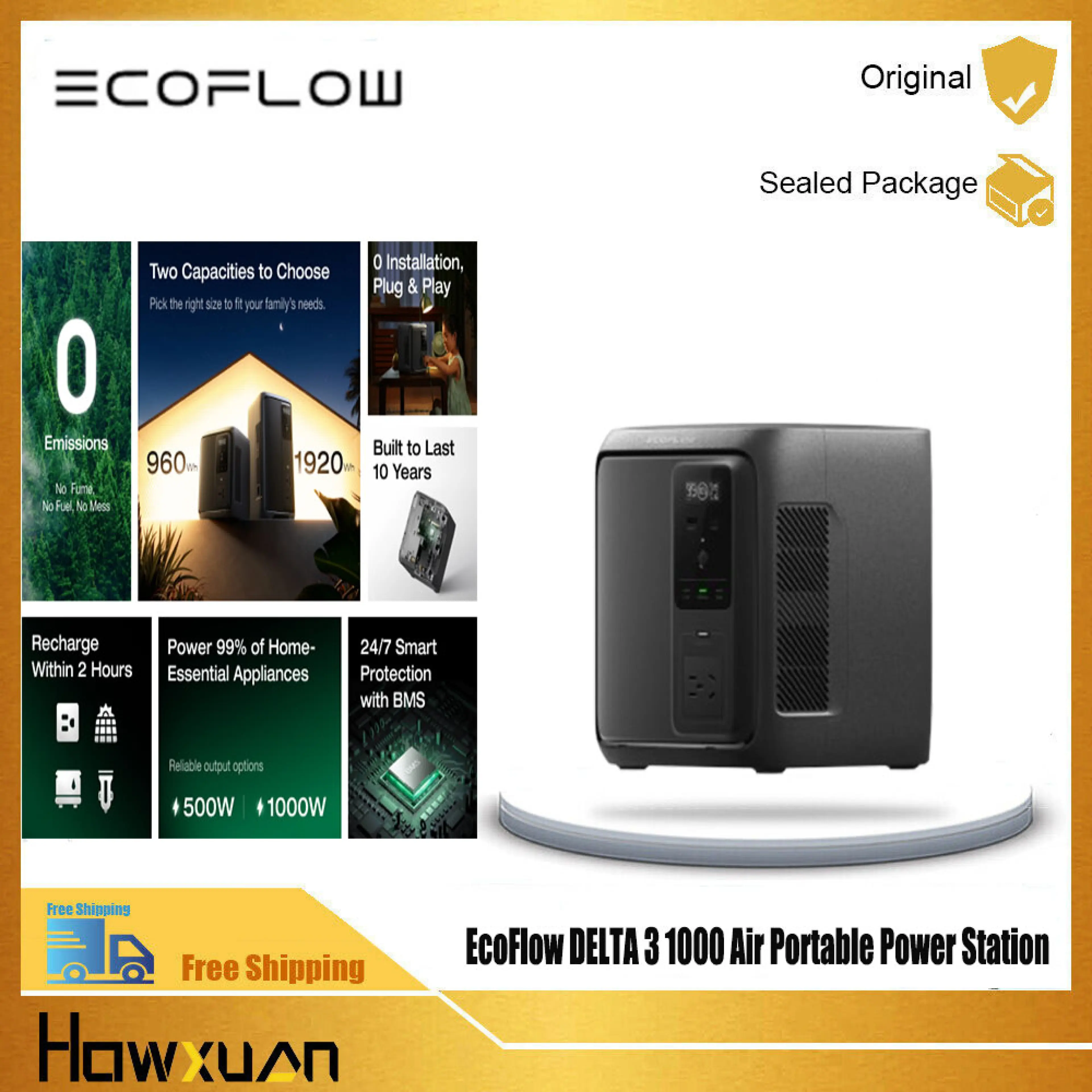 EcoFlow DELTA 3 1000 Air Portable Power Station 960Wh LiFePO4 Battery Fast Charging Use as a Solar Generator for Home Backup Power Camping & RVs
