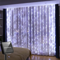 Outdoor solar silver curtain light with 8 modes 300LED 200LED 100LED waterproof Christmas light Fairy LightsRamadan Lamp wedding holiday birthday  xmasbedroom window party courtyard garden decoration light string