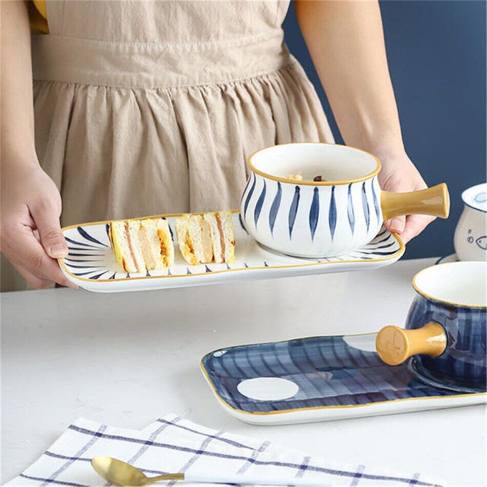 Gambar With Handle Bowl And Plate Set Japanese Ceramics One person Tableware Tableware Breakfast Bowl Oatmeal Bowl Gift