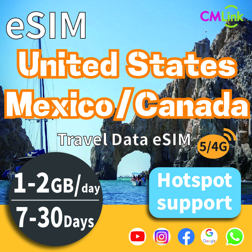 America Mexico And Canada (The AMC) Data eSIM Card with Unlimited 7-30Days, 1GB/2GB Daily High-Speed Data+Hotspot+Top-Up,QR Code Sent to Your Email. Harga  144 Ringgit*Penghantaran Percuma