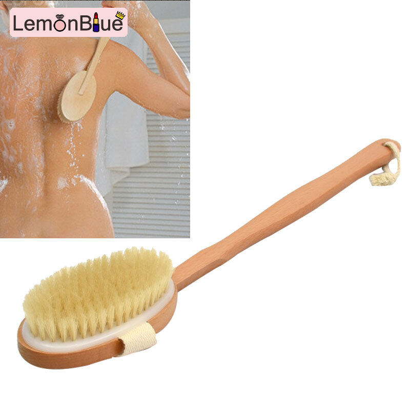 Gambar LemonBlue Natural Long Wooden Bristle Body Brush Massager Bath Shower Back Spa Detachable Scrubber