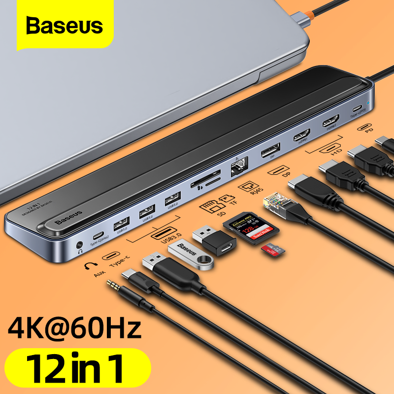 Baseus bộ chuyển đổi hub usb type c 12 trong 1 sang 4k 60hz bộ chuyển đổi hub dp rj45 sd tf card usb 3.0 tương thích hdmi cho macbook pro air dock station