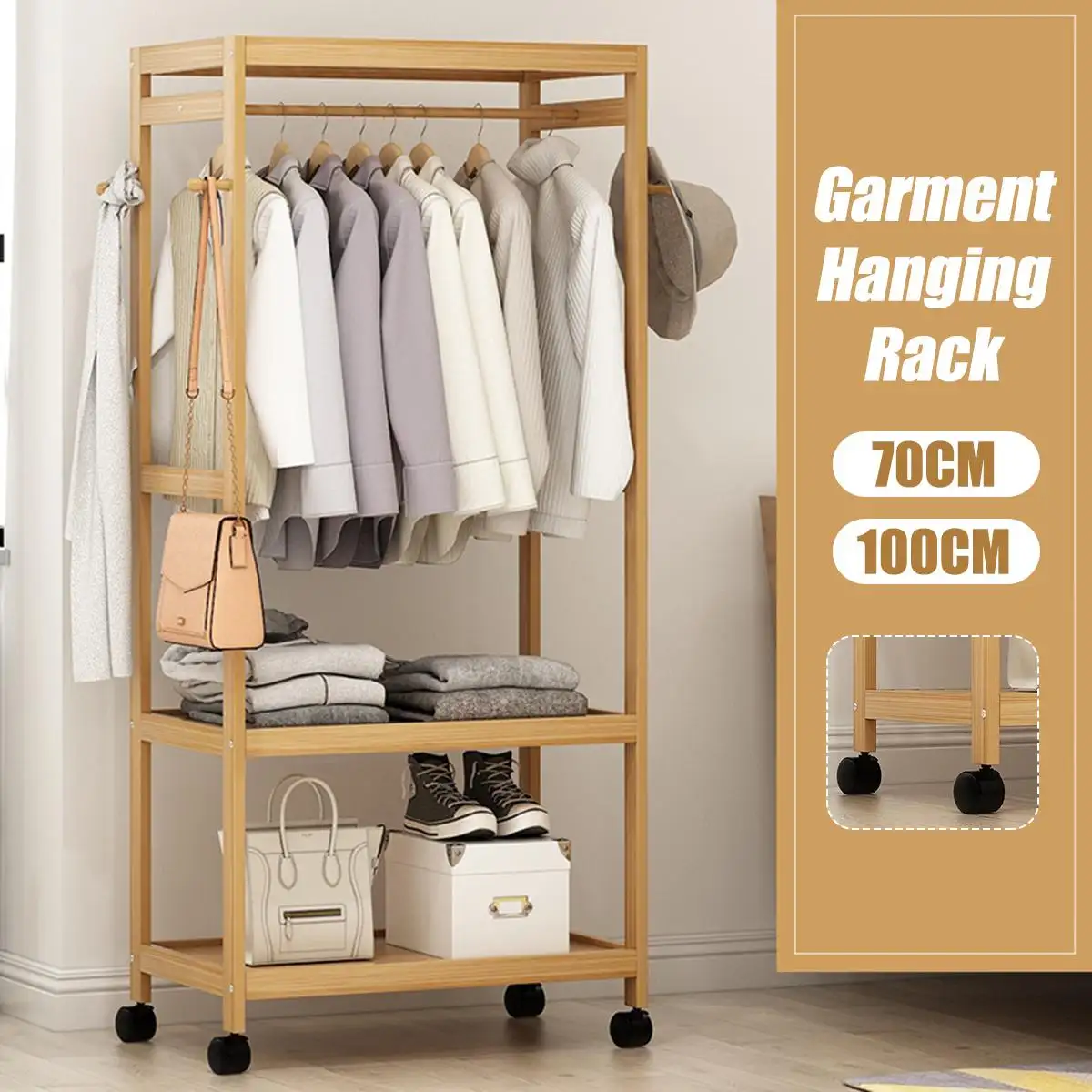 US 70CM Rolling Bamboo Garment Clothes Holder Hanging Rack Shelf with