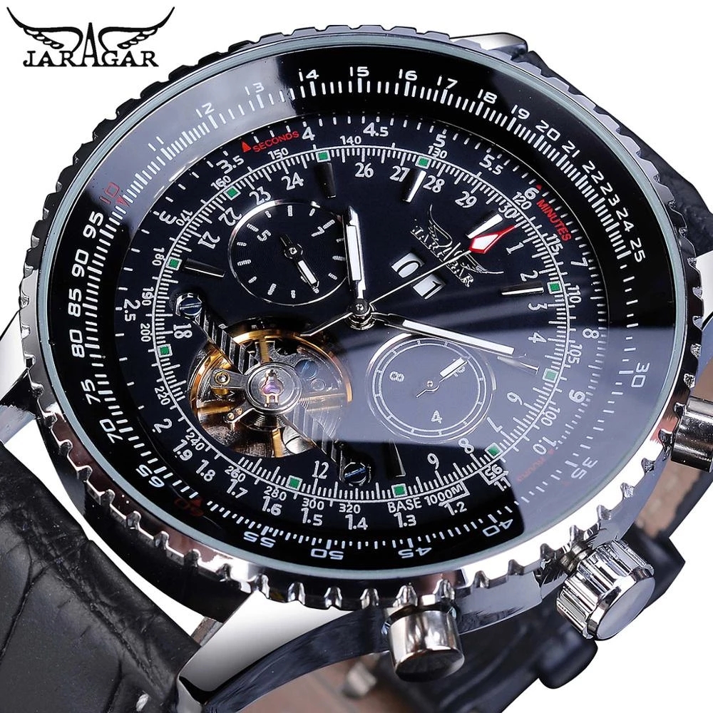 Jaragar đồng hồ cơ thể thao đồng hồ quân đội tourbillon tự động cho nam dây da đồng hồ đa năng relogio masculino