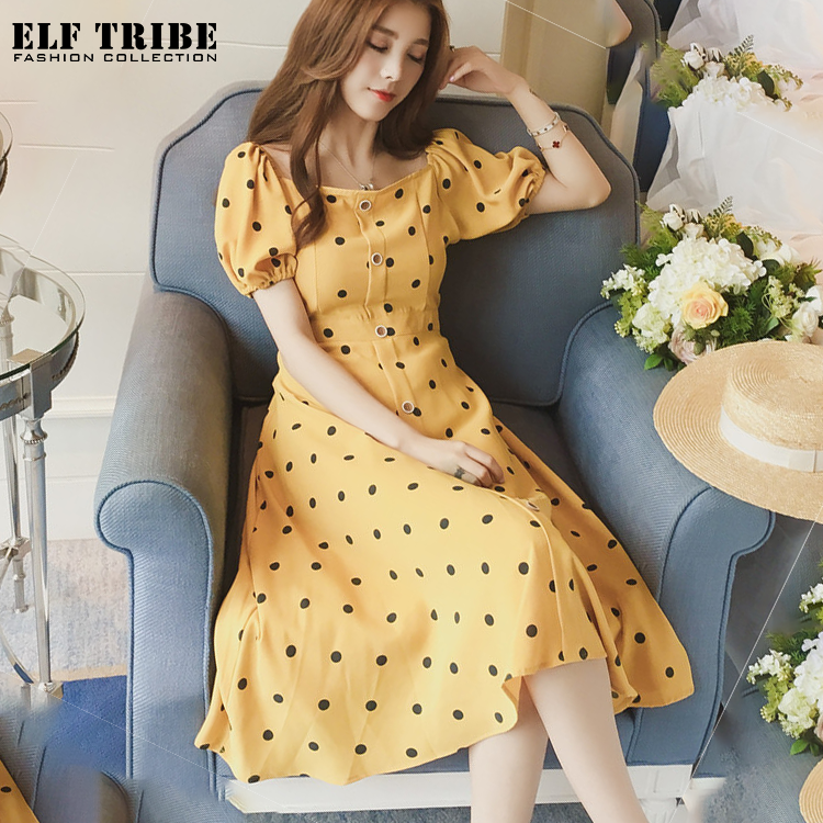 Elf tribe đầm voan tay phồng chấm bi phong cách hàn quốc mới cho nữ